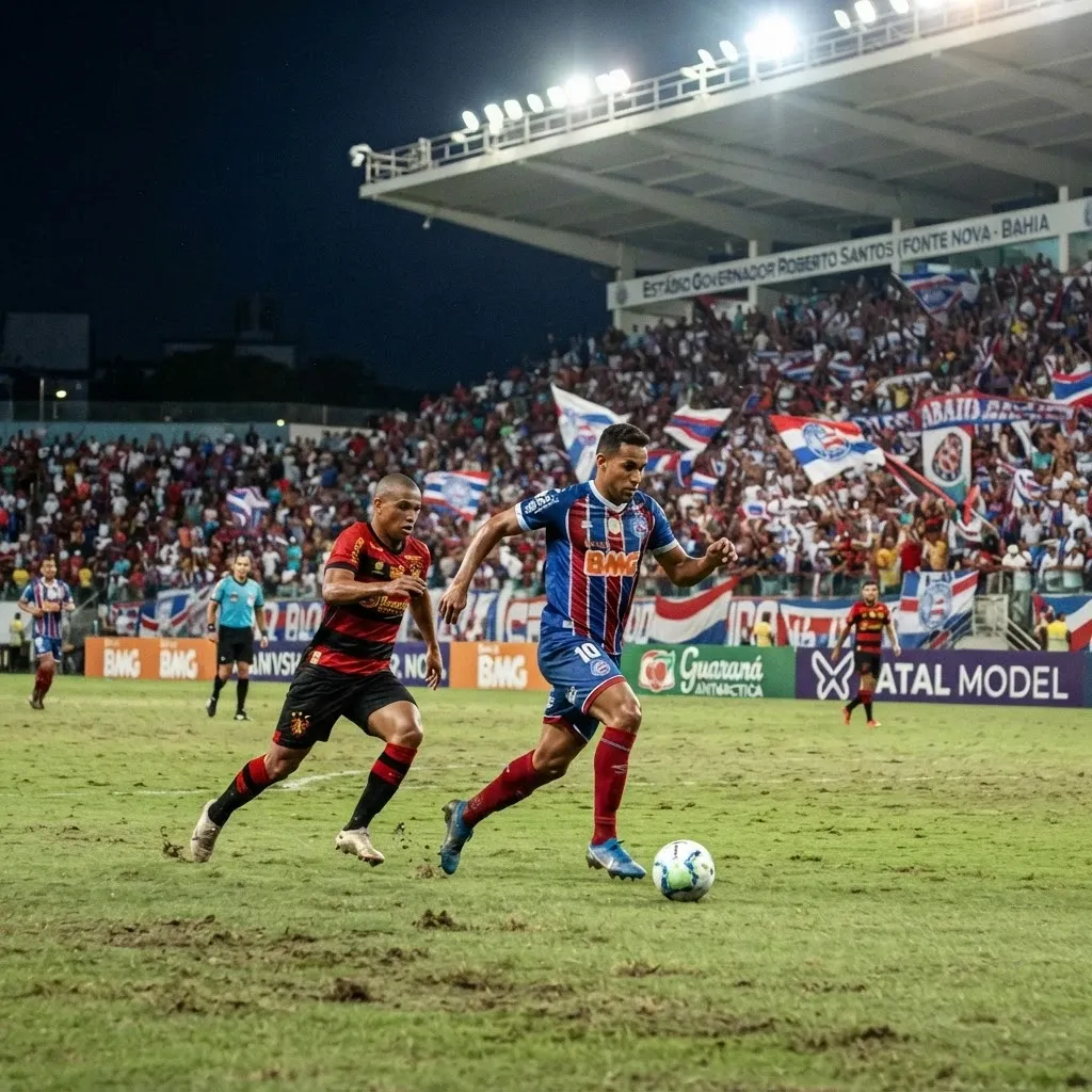 Jogadores disputam a bola em partida de futebol com arquibancada lotada